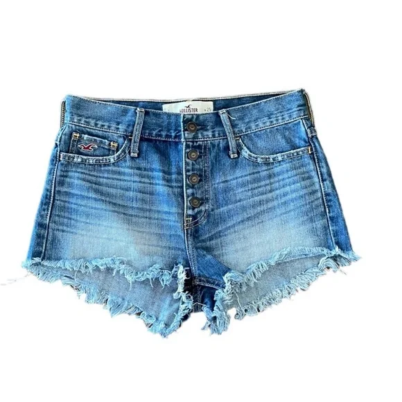 Hollister button fly cotton denim blue raw hem cheeky cut off jean short size 25 - Picture 1 of 11